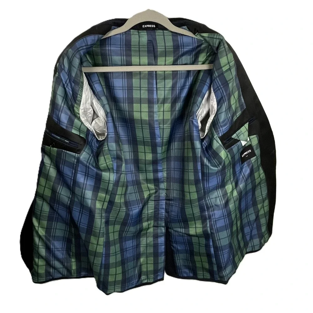 Express‎ Slim 40L Navy Velvet Tuxedo Blazer Satin Lapel Plaid Lining
